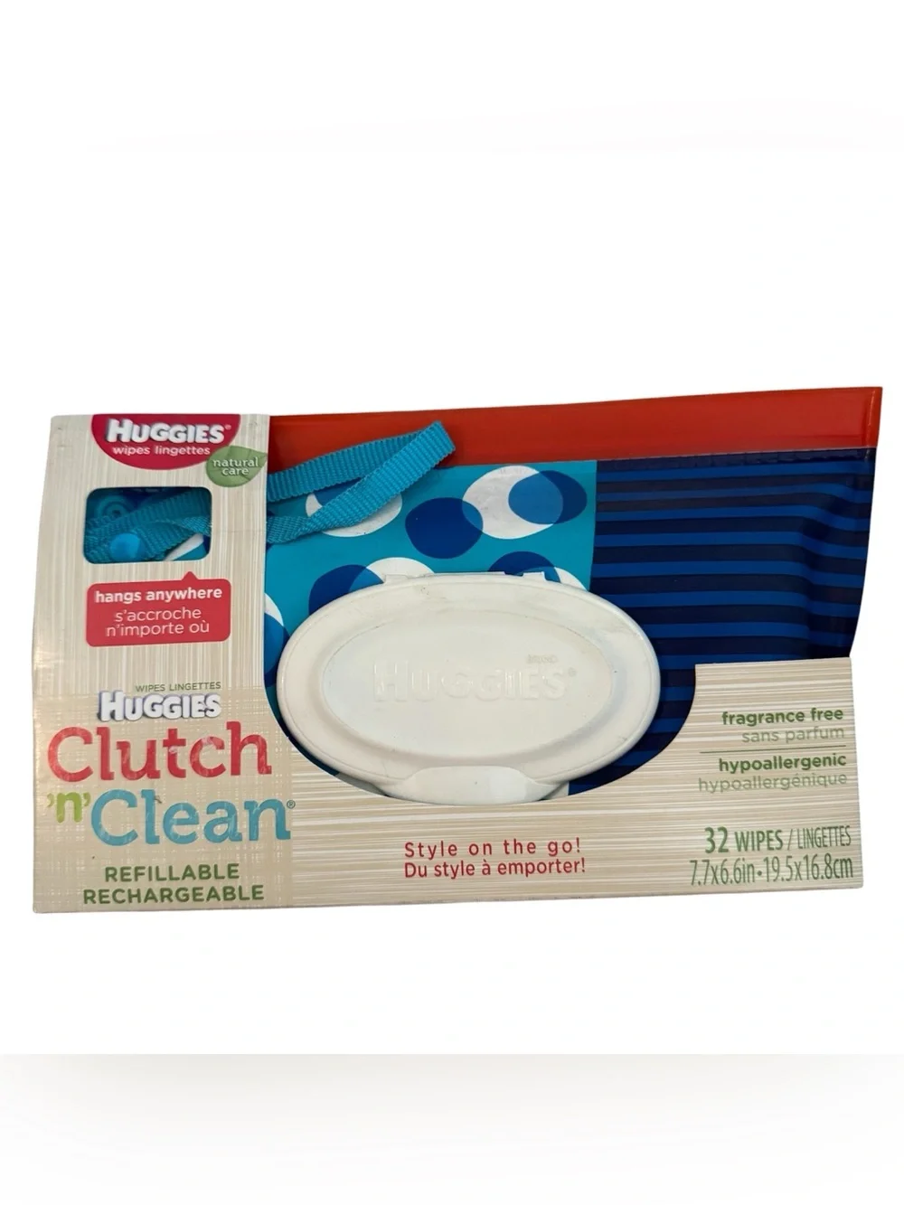 Huggies Clutch 'n Clean Refillable Wipes Holder Blue Polka Dots & Stripes